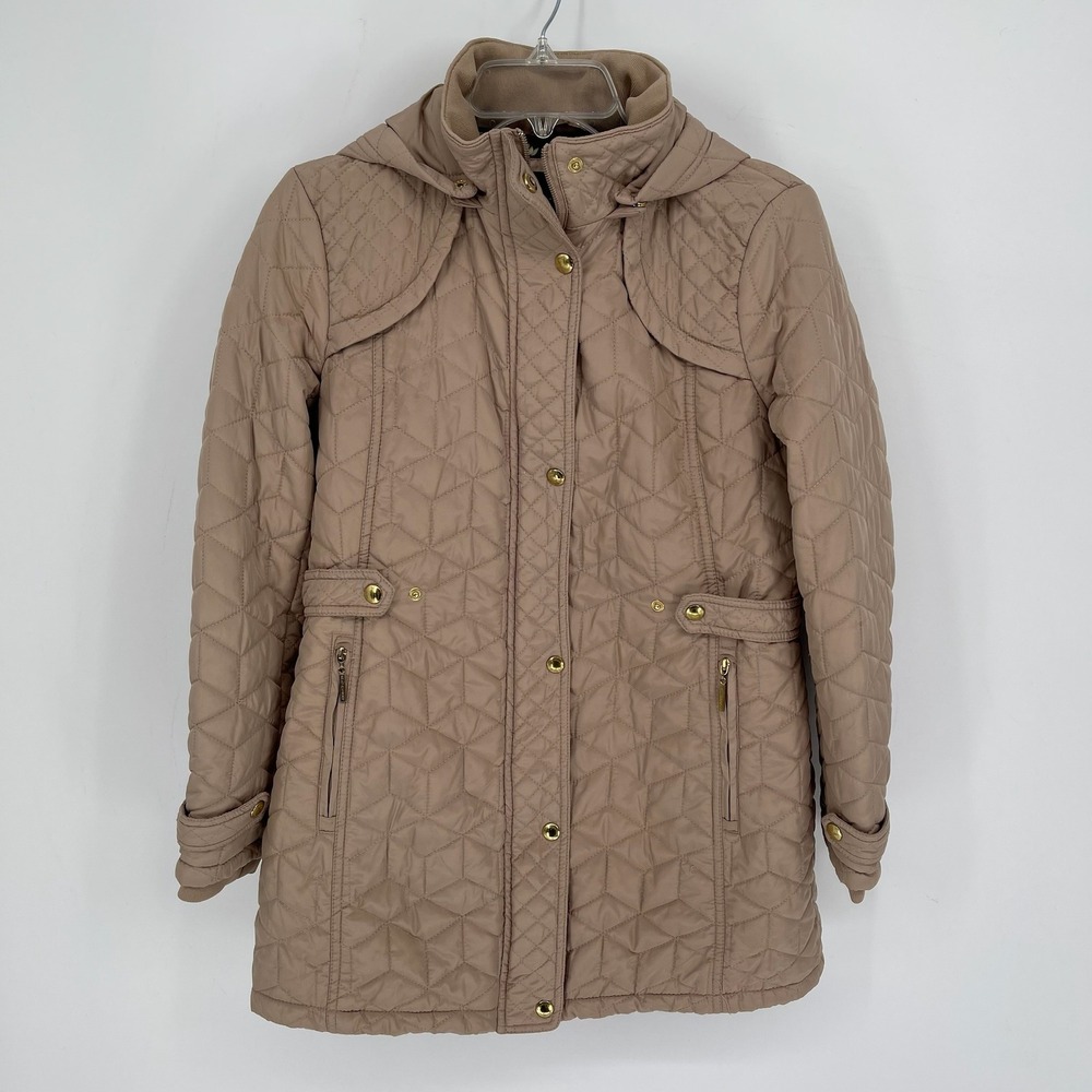 Weatherproof Women's‎ Tan Geometric Quilted Hooded Parka Jacket Size MP Petite